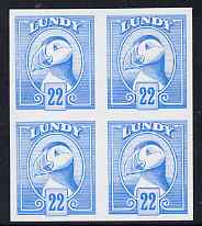 Lundy 1982 Puffin def 22p bright blue imperf colour trial unmounted mint block of 4, stamps on birds, stamps on lundy, stamps on puffins