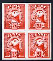 Lundy 1982 Puffin def 23p vermilion imperf colour trial unmounted mint block of 4, stamps on , stamps on  stamps on birds, stamps on  stamps on lundy, stamps on  stamps on puffins