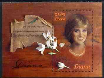 Liberia 1997 Princess Diana Memorial perf m/sheet (with text A Lady with a shy smile) unmounted mint, stamps on royalty, stamps on diana, stamps on 
