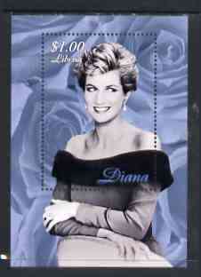 Liberia 1997 Princess Diana Memorial perf m/sheet (B & W half length portrait with background of blue-grey roses) unmounted mint, stamps on , stamps on  stamps on royalty, stamps on  stamps on diana, stamps on  stamps on roses