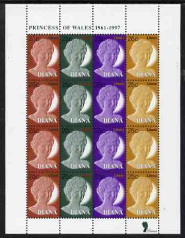 Liberia 1997 Princess Diana Memorial perf sheetlet containing 4 strips of 4 values (25c Portrait stamps in 4 colours) unmounted mint, stamps on , stamps on  stamps on royalty, stamps on  stamps on diana