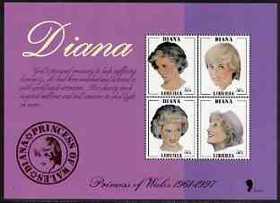 Liberia 1997 Princess Diana Memorial perf sheetlet containg 4 x 50c portrait stamps with white background unmounted mint, stamps on royalty, stamps on diana