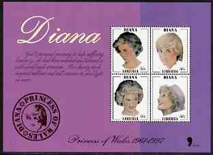 Liberia 1997 Princess Diana Memorial perf sheetlet containg 4 x 50c portrait stamps with white background unmounted mint, stamps on , stamps on  stamps on royalty, stamps on  stamps on diana