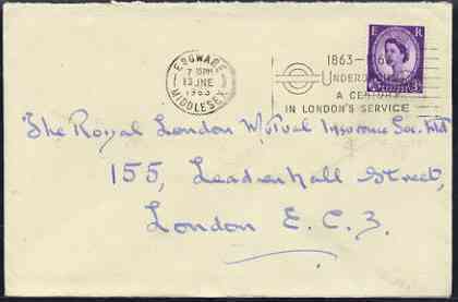 Postmark - Great Britain 1963 cover bearing illustrated slogan cancellation for 'Underground - A Century in London's Service', stamps on , stamps on  stamps on london, stamps on  stamps on railways, stamps on  stamps on underground