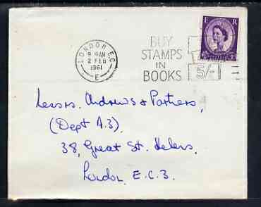 Postmark - Great Britain 1961 cover bearing illustrated slogan cancellation for Buy Stamps in Books, stamps on postal