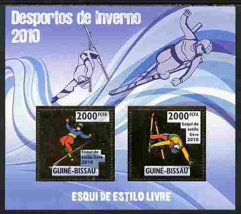 Guinea - Bissau 2010 Winter Olympic Sports - Freestyle Skiing perf sheetlet containing 2 values in gold unmounted mint, stamps on , stamps on  stamps on olympics, stamps on  stamps on sport, stamps on  stamps on skiing