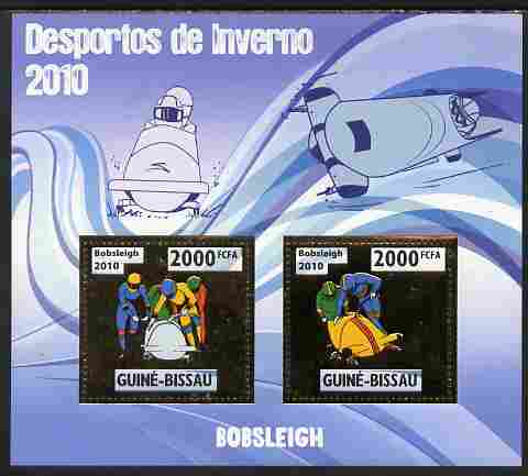 Guinea - Bissau 2010 Winter Olympic Sports - Bobsleigh perf sheetlet containing 2 values in gold unmounted mint, stamps on , stamps on  stamps on olympics, stamps on  stamps on sport, stamps on  stamps on bobsleigh