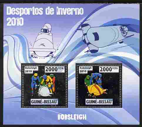 Guinea - Bissau 2010 Winter Olympic Sports - Bobsleigh perf sheetlet containing 2 values in silver unmounted mint, stamps on , stamps on  stamps on olympics, stamps on  stamps on sport, stamps on  stamps on bobsleigh