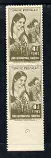 Turkey 1943 Girl Eating Grapes 4.5k marginal pair imperf between stamps and imperf between stamp and margin, unmounted mint SG1330var, stamps on , stamps on  stamps on grapes, stamps on  stamps on fruit, stamps on  stamps on wine