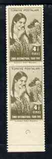 Turkey 1943 Girl Eating Grapes 4.5k marginal pair imperf between stamps and imperf between stamp and margin, unmounted mint SG1330var, stamps on grapes, stamps on fruit, stamps on wine