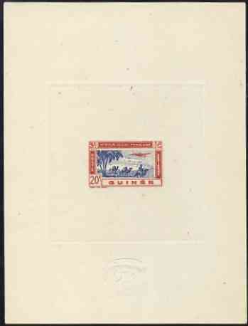 French Guinea 1942 Air stamp (Plane over Camel Caravan) de luxe sunken card featuring unissued 20f similar to SG 187, stamps on aviation, stamps on camels