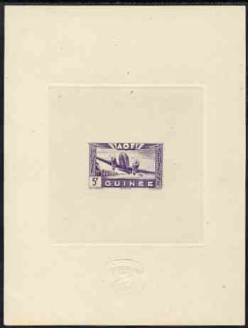 French Guinea 1942 Air stamp (Plane over village inscribed AOF) de luxe sunken card featuring unissued 5f in violet, stamps on , stamps on  stamps on aviation, stamps on  stamps on 