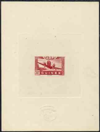 French Guinea 1942 Air stamp (Plane over village inscribed AOF) de luxe sunken card featuring unissued 50c in brick-red, stamps on aviation, stamps on 