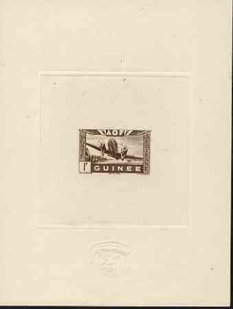 French Guinea 1942 Air stamp (Plane over village inscribed AOF) de luxe sunken card featuring unissued 1f in brown, stamps on aviation, stamps on 
