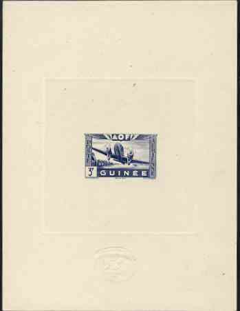 French Guinea 1942 Air stamp (Plane over village inscribed AOF) de luxe sunken card featuring unissued 3f in blue, stamps on aviation, stamps on 