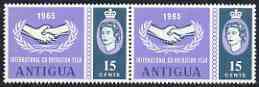 Antigua 1965 Int Co-operation Year 15c unmounted mint pair, one stamp with 'Broken Leaves' variety, stamps on , stamps on  stamps on communications, stamps on  stamps on  icy , stamps on  stamps on 