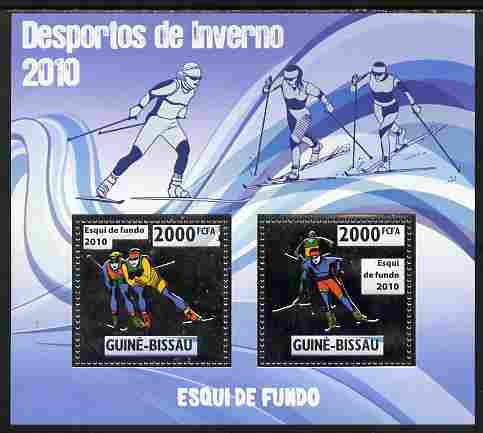 Guinea - Bissau 2010 Winter Olympic Sports - Cross Country Skiing perf sheetlet containing 2 values in silver unmounted mint, stamps on olympics, stamps on sport, stamps on skiing