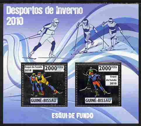 Guinea - Bissau 2010 Winter Olympic Sports - Cross Country Skiing perf sheetlet containing 2 values in silver unmounted mint, stamps on , stamps on  stamps on olympics, stamps on  stamps on sport, stamps on  stamps on skiing