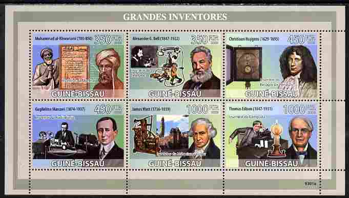 Guinea - Bissau 2009 Great Inventors perf sheetlet containing 6 values unmounted mint Yv 2886-91, Mi 4217-22, stamps on , stamps on  stamps on personalities, stamps on  stamps on inventors, stamps on  stamps on telephones, stamps on  stamps on radio, stamps on  stamps on communications, stamps on  stamps on scots, stamps on  stamps on scotland