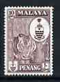 Malaya - Penang 1960 Tiger 10c maroon (from def set) unmounted mint, SG 60, stamps on tigers, stamps on cats
