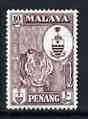 Malaya - Penang 1960 Tiger 10c maroon (from def set) unmounted mint, SG 60, stamps on , stamps on  stamps on tigers, stamps on  stamps on cats