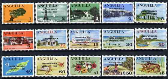 Anguilla 1969 Independence optd on complete definitive set 1c to $5 unmounted mint, unpriced as a complete set, see note after SG 52g, stamps on lighthouses, stamps on aviation, stamps on maps, stamps on churches, stamps on police, stamps on flowers, stamps on lobsters, stamps on trees, stamps on post offices, stamps on airports, stamps on crabs, stamps on shells, stamps on marine life