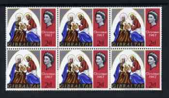 Gibraltar 1967 Christmas 2d unmounted mint plate block of 6, one stamp with Bracelet Flaw SG 217 V17, stamps on christmas