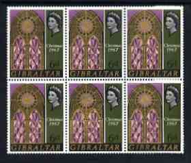 Gibraltar 1967 Christmas 6d unmounted mint plate block of 6, one stamp with 'Large Retouch above Queen's Lip' SG 218 V23, stamps on christmas    