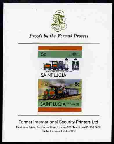 St Lucia 1986 Locomotives #5 (Leaders of the World) 5c Rack Loco Tip-Top se-tenant pair imperf mounted on Format International proof card, stamps on railways