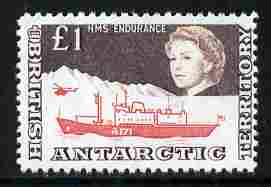 British Antarctic Territory 1963-69 HMS Endurance £1 (from def set)  'Maryland' perf 'unused' forgery, as SG 15a - the word Forgery is either handstamped or printed on the back and comes on a presentation card with descriptive notes, stamps on , stamps on  stamps on maryland, stamps on  stamps on forgery, stamps on  stamps on forgeries, stamps on  stamps on  