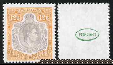 Bermuda 1938-53 KG6 12s6d  'Maryland' perf 'unused' forgery, as SG 120 - the word Forgery is either handstamped or printed on the back and comes on a presentation card with descriptive notes, stamps on maryland, stamps on forgery, stamps on forgeries, stamps on  kg6 , stamps on 