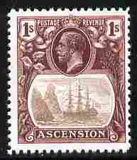 Ascension 1924-33 KG5 Badge 1s grey-black & brown  'Maryland' perf 'unused' forgery, as SG 18 - the word Forgery is either handstamped or printed on the back and comes on a presentation card with descriptive notes, stamps on maryland, stamps on forgery, stamps on forgeries, stamps on , stamps on  kg5 , stamps on , stamps on ships
