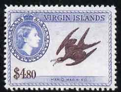 British Virgin Islands 1956-62 Frigate Bird $4.80 (from def set)  'Maryland' perf 'unused' forgery, as SG 161 - the word Forgery is either handstamped or printed on the back and comes on a presentation card with descriptive notes, stamps on , stamps on  stamps on maryland, stamps on  stamps on forgery, stamps on  stamps on forgeries, stamps on  stamps on 