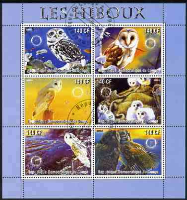 Congo 2003 Owls perf sheetlet #02 (blue border) containing 6 values each with Rotary Logo, fine cto used, stamps on , stamps on  stamps on rotary, stamps on  stamps on birds, stamps on  stamps on birds of prey, stamps on  stamps on owls