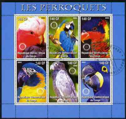 Congo 2003 Parrots perf sheetlet #01 (blue border) containing 6 values each with Rotary Logo, fine cto used, stamps on rotary, stamps on birds, stamps on parrots