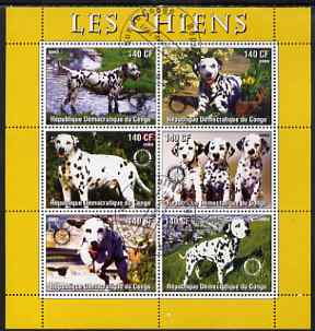 Congo 2003 Dogs (Dalmations) perf sheetlet #01 (yellow border) containing 6 values each with Rotary Logo, fine cto used, stamps on , stamps on  stamps on rotary, stamps on  stamps on dogs, stamps on  stamps on dalmations