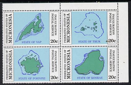 Micronesia 1984 Postal Independence se-tenant set of 4 Maps (SG 1a), stamps on maps  postal