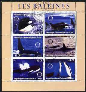 Congo 2003 Whales perf sheetlet #01 (pink border) containing 6 values each with Rotary Logo, fine cto used, stamps on , stamps on  stamps on rotary, stamps on  stamps on whales, stamps on  stamps on marine life