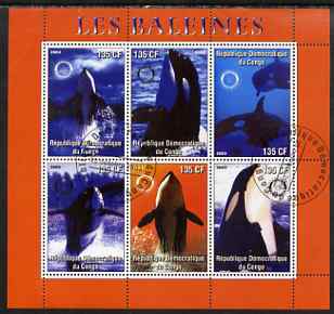 Congo 2003 Whales perf sheetlet #02 (red border) containing 6 values each with Rotary Logo, fine cto used, stamps on rotary, stamps on whales, stamps on marine life