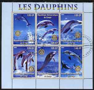 Congo 2003 Dolphins perf sheetlet #01 (vert stamps) containing 6 values each with Rotary Logo, fine cto used, stamps on , stamps on  stamps on rotary, stamps on  stamps on dolphins, stamps on  stamps on marine life