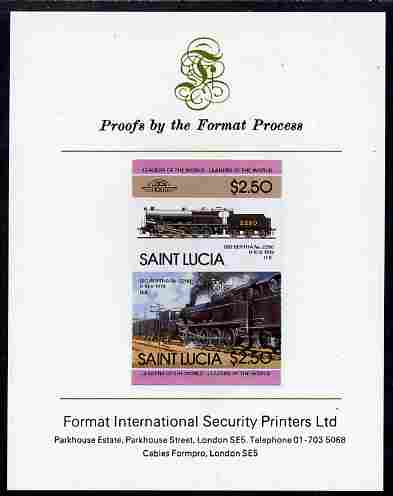 St Lucia 1985 Locomotives #4 (Leaders of the World) $2.50 Big Bertha 0-10-0 se-tenant pair imperf mounted on Format International proof card, stamps on railways