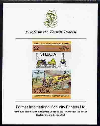 St Lucia 1983 Locomotives #1 (Leaders of the World) $2 Stephenson's Rocket se-tenant pair imperf mounted on Format International proof card, stamps on railways