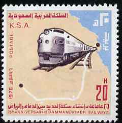 Saudi Arabia 1977 Dammam- Riyadh Railway 20h  'Maryland' perf 'unused' forgery, as SG 1201 - the word Forgery is either handstamped or printed on the back and comes on a presentation card with descriptive notes, stamps on , stamps on  stamps on forgery, stamps on  stamps on forgeries, stamps on  stamps on railways, stamps on  stamps on maryland