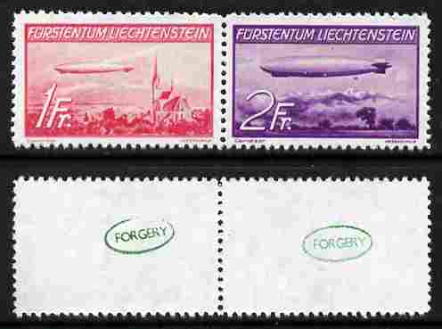 Liechtenstein 1936 Hindenburg & Zeppelin set of 2  'Maryland' perf 'unused' forgeries, as SG 151-52 - the word Forgery is either handstamped or printed on the backs and come on a presentation card with descriptive notes, stamps on , stamps on  stamps on forgery, stamps on  stamps on forgeries, stamps on  stamps on aviation, stamps on  stamps on airships, stamps on  stamps on maryland