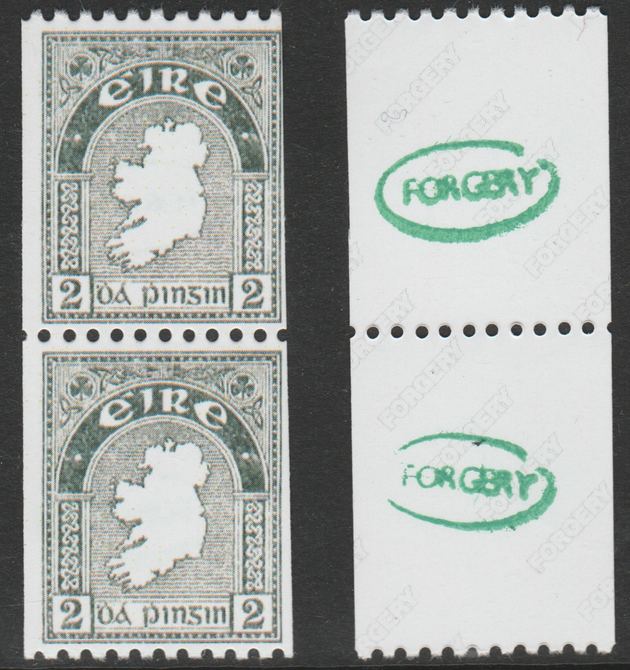 Ireland 1922-34 Map 2d perf x imperf experimental coil pair  Maryland forgery unused, as SG 74b - the word Forgery is either handstamped or printed on the back and comes ..., stamps on maryland, stamps on forgery, stamps on forgeries, stamps on maps, stamps on  kg5 , stamps on 