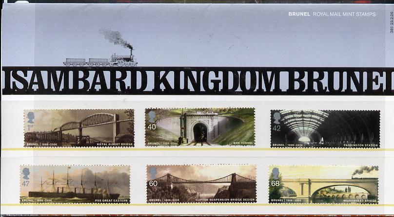 Great Britain 2006 Brunel Birth Bicentenary perf set of 6 in official presentation pack unmounted mint SG 2607-12, stamps on , stamps on  stamps on bridges, stamps on  stamps on civil engineering, stamps on  stamps on ships, stamps on  stamps on railways, stamps on  stamps on london