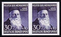 Germany - West 1952 Humanitarian relief Fund 30pf Henri Dunant  Maryland imperf pair unused forgery, as SG 1085 - the word Forgery is either handstamped or printed on the..., stamps on forgery, stamps on forgeries, stamps on personalities, stamps on red cross, stamps on maryland