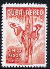 Cuba 1956 Woodpecker 5p red (from Air set)  'Maryland' perf 'unused' forgery, as SG 782 - the word Forgery is either handstamped or printed on the back and comes on a presentation card with descriptive notes, stamps on , stamps on  stamps on forgery, stamps on  stamps on forgeries, stamps on  stamps on birds, stamps on  stamps on woodpeckers, stamps on  stamps on maryland