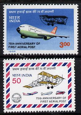 India 1986 Anniversary of Airmail Flight set of 2 unmounted mint, SG 1185-86*, stamps on aviation    postal
