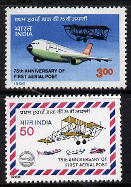 India 1986 Anniversary of Airmail Flight set of 2 unmounted mint, SG 1185-86*, stamps on , stamps on  stamps on aviation    postal